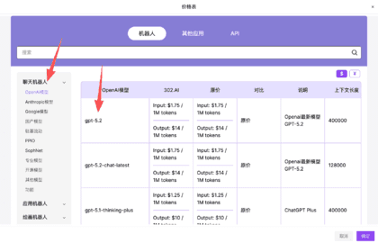  302 ai 的模型价格表